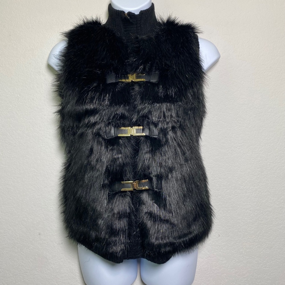 Cliche Couture Black Faux Fur Knit Vest Mock Neck Gold Buckle Medium MOB Wife